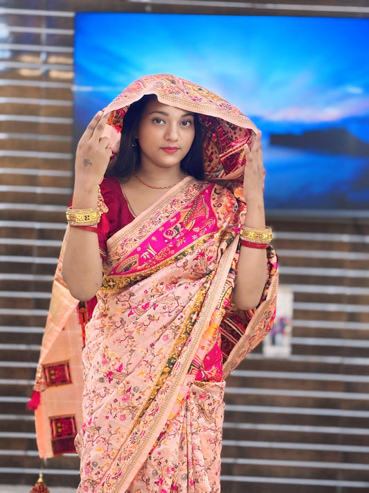 Women's cotton linen printed saree with unstitched blouse piece