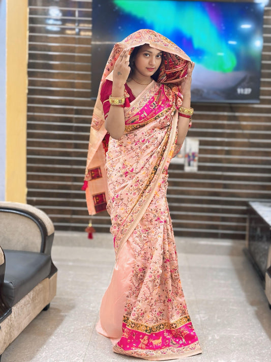 Women's cotton linen printed saree with unstitched blouse piece